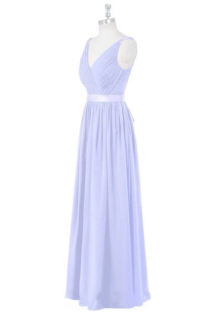 Delicate Lavender Ruched Strap Deep V Cross Pleated A Line Long Chiffon Bridesmaid Dress AB026