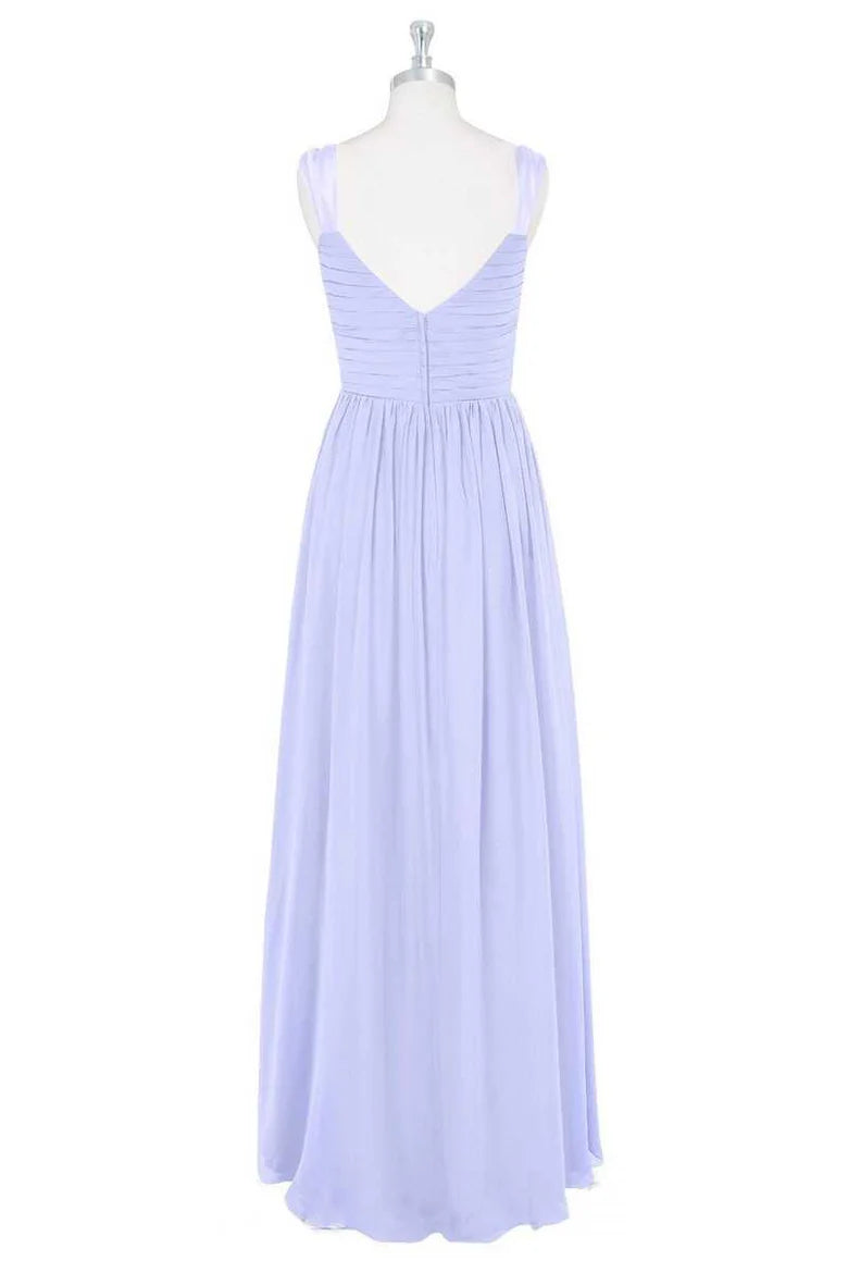 Delicate Lavender Ruched Strap Deep V Cross Pleated A Line Long Chiffon Bridesmaid Dress AB026