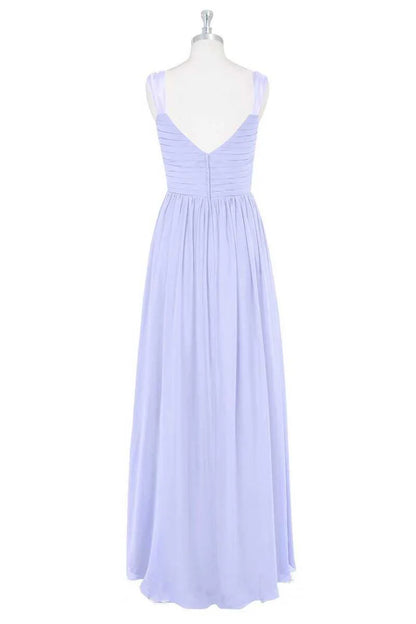 Delicate Lavender Ruched Strap Deep V Cross Pleated A Line Long Chiffon Bridesmaid Dress AB026