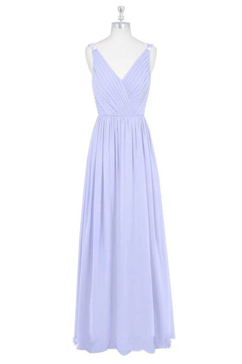 Delicate Lavender Ruched Strap Deep V Cross Pleated A Line Long Chiffon Bridesmaid Dress AB026