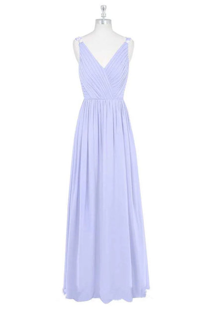 Delicate Lavender Ruched Strap Deep V Cross Pleated A Line Long Chiffon Bridesmaid Dress AB026