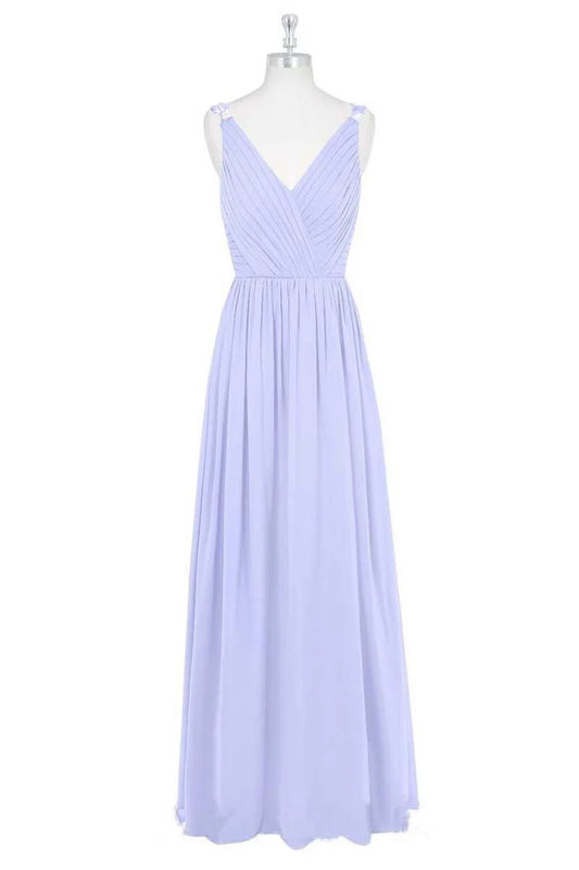 Delicate Lavender Ruched Strap Deep V Cross Pleated A Line Long Chiffon Bridesmaid Dress AB026