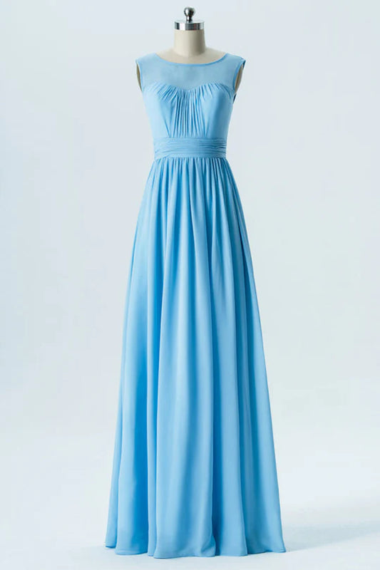 Soft Sky Sleeveless Illusion Round Neck Bust Ruched Chiffon A Line Bridesmaid Dress AB027