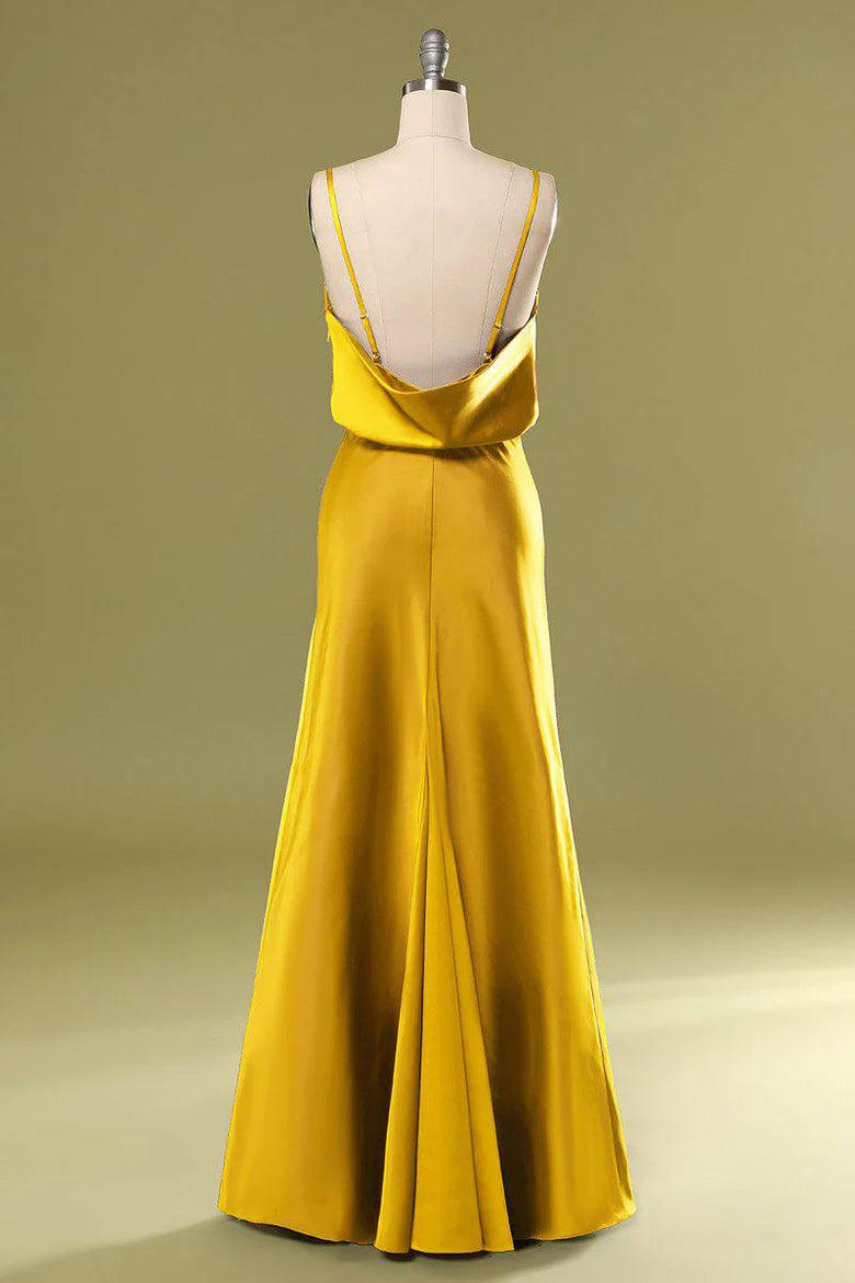 Sleek Marigold Spaghetti Straps Cowl Neck Satin Mermaid Long Bridesmaid Dress High Side Slit AB028