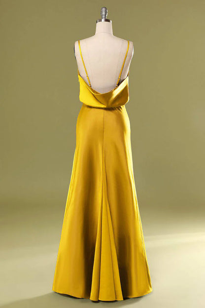 Sleek Marigold Spaghetti Straps Cowl Neck Satin Mermaid Long Bridesmaid Dress High Side Slit AB028
