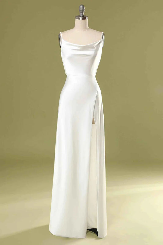 Sleek Marigold Spaghetti Straps Cowl Neck Satin Mermaid Long Bridesmaid Dress High Side Slit AB028