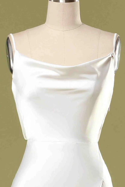 Sleek Marigold Spaghetti Straps Cowl Neck Satin Mermaid Long Bridesmaid Dress High Side Slit AB028