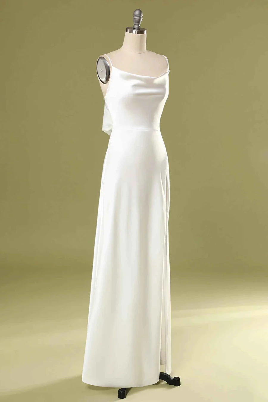 Sleek Marigold Spaghetti Straps Cowl Neck Satin Mermaid Long Bridesmaid Dress High Side Slit AB028