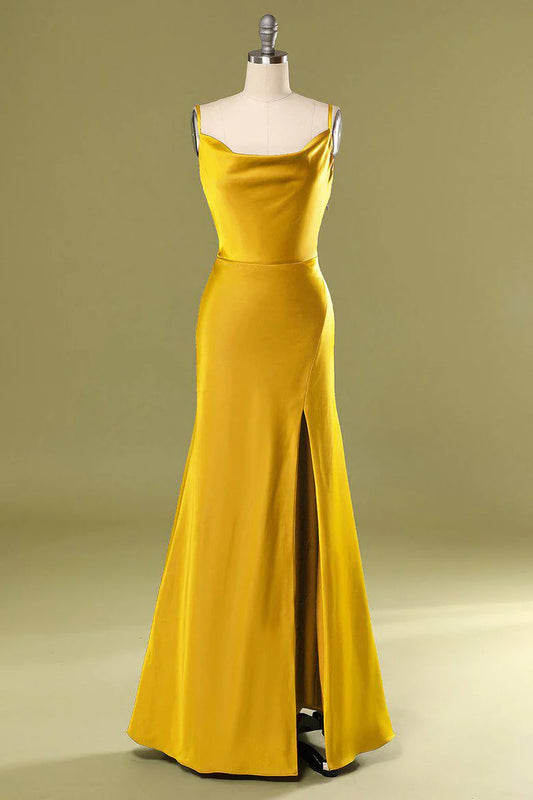 Sleek Marigold Spaghetti Straps Cowl Neck Satin Mermaid Long Bridesmaid Dress High Side Slit AB028