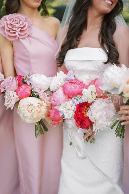 Romantic Dusty Pink 3D Floral One Shoulder Satin Mermaid Long Bridesmaid Dress AB030