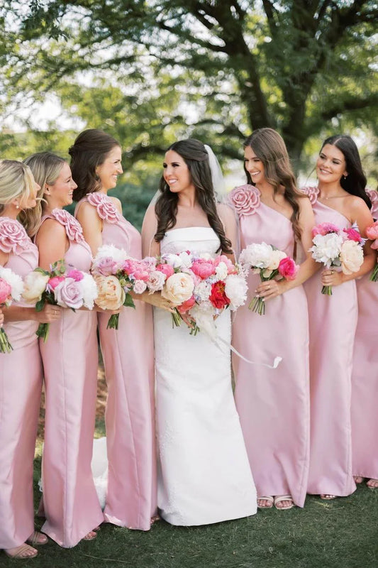 Romantic Dusty Pink 3D Floral One Shoulder Satin Mermaid Long Bridesmaid Dress AB030