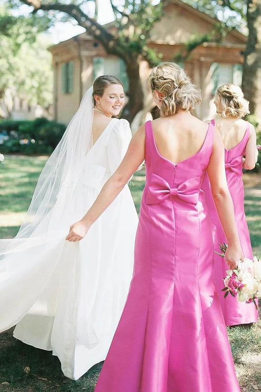 Vibrant Fuchsia Square Neck Straps Stain Mermaid Long Bridesmaid Dress Side Slit AB031