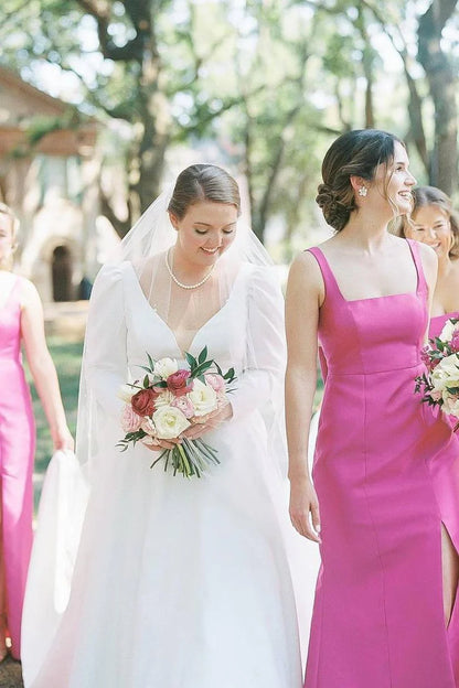 Vibrant Fuchsia Square Neck Straps Stain Mermaid Long Bridesmaid Dress Side Slit AB031