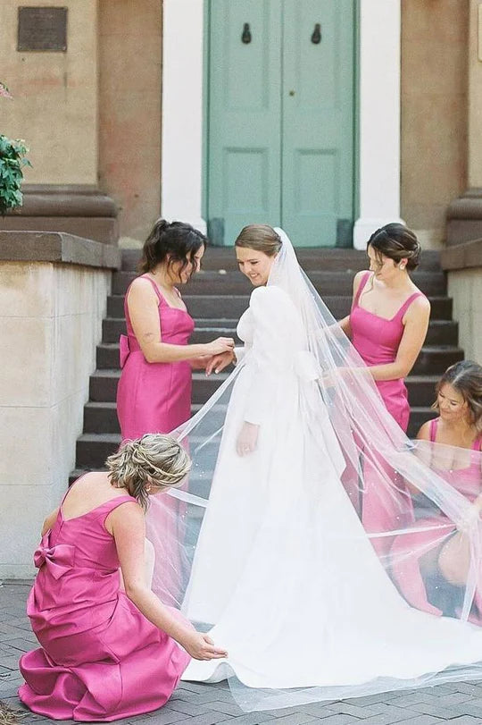 Vibrant Fuchsia Square Neck Straps Stain Mermaid Long Bridesmaid Dress Side Slit AB031