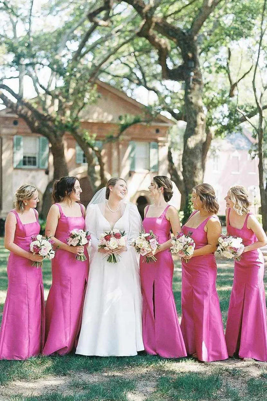 Vibrant Fuchsia Square Neck Straps Stain Mermaid Long Bridesmaid Dress Side Slit AB031