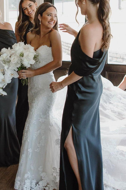 Sleek Black One Shoulder Satin Mermaid Long Bridesmaid Dress Side Slit AB033