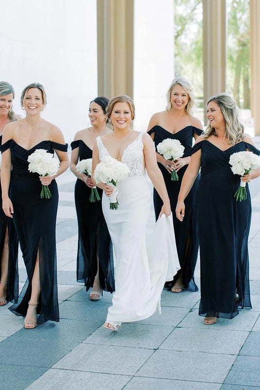 Classic Black Off The Shoulder Sweetheart Neck Chiffon Mermaid Bridesmaid Dress With Side Slit And Back Bow AB032