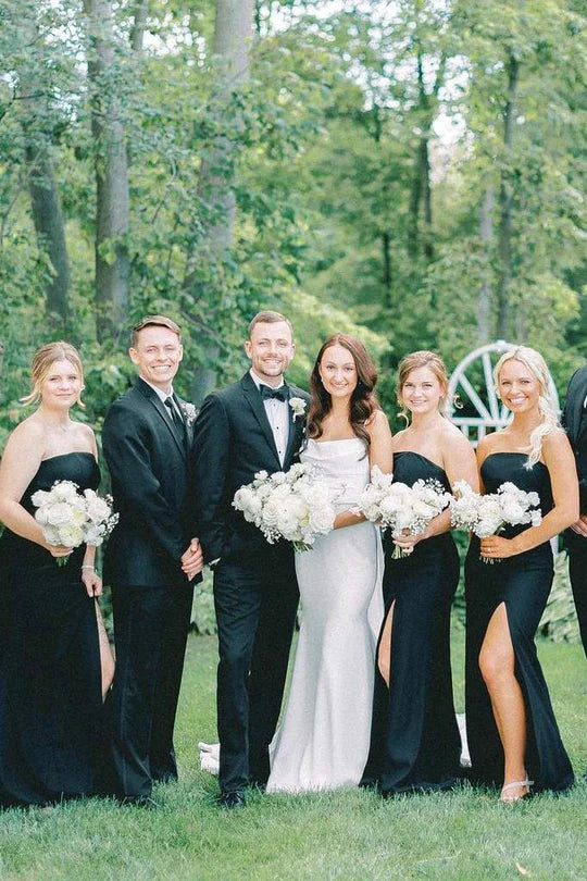 Classic Black Strapless Satin Mermaid Long Bridesmaid Dress High Side Slit AB034