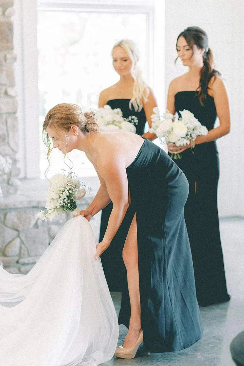 Classic Black Strapless Satin Mermaid Long Bridesmaid Dress High Side Slit AB034