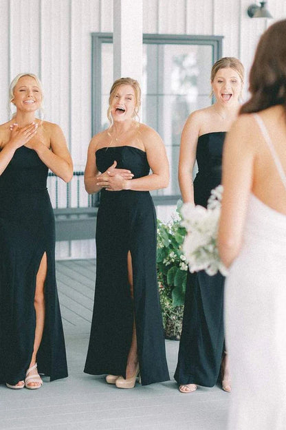 Classic Black Strapless Satin Mermaid Long Bridesmaid Dress High Side Slit AB034