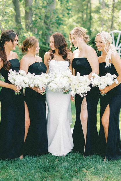 Classic Black Strapless Satin Mermaid Long Bridesmaid Dress High Side Slit AB034