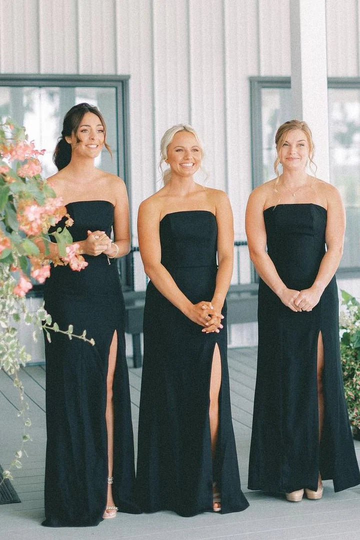 Classic Black Strapless Satin Mermaid Long Bridesmaid Dress High Side Slit AB034