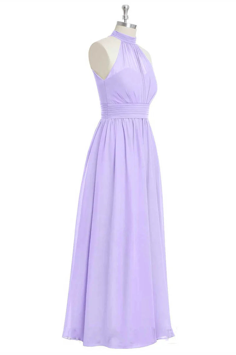 Soft Lavender High Halter Neck Pleated Bust Ruched Waist Chiffon A Line Long Bridesmaid Dress AB035