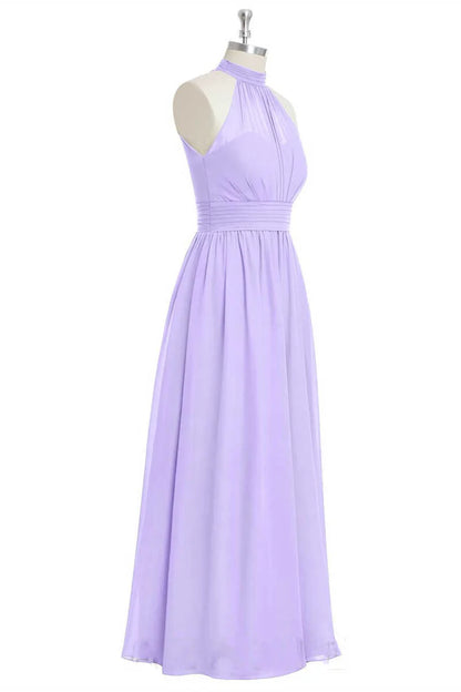 Soft Lavender High Halter Neck Pleated Bust Ruched Waist Chiffon A Line Long Bridesmaid Dress AB035