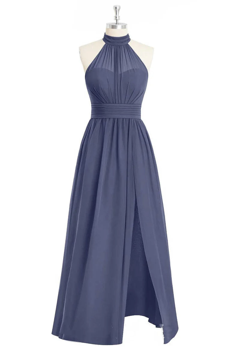 Soft Lavender High Halter Neck Pleated Bust Ruched Waist Chiffon A Line Long Bridesmaid Dress AB035