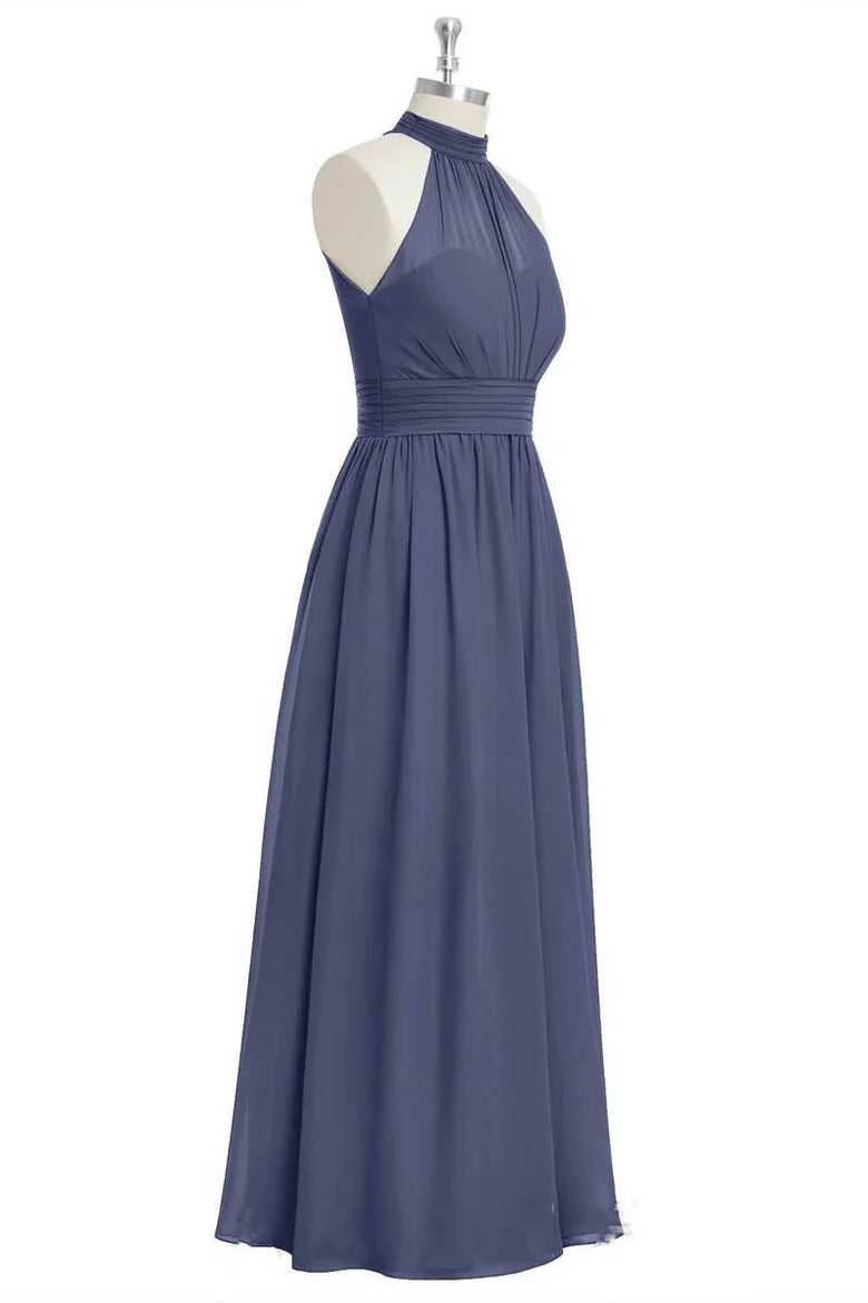 Soft Lavender High Halter Neck Pleated Bust Ruched Waist Chiffon A Line Long Bridesmaid Dress AB035