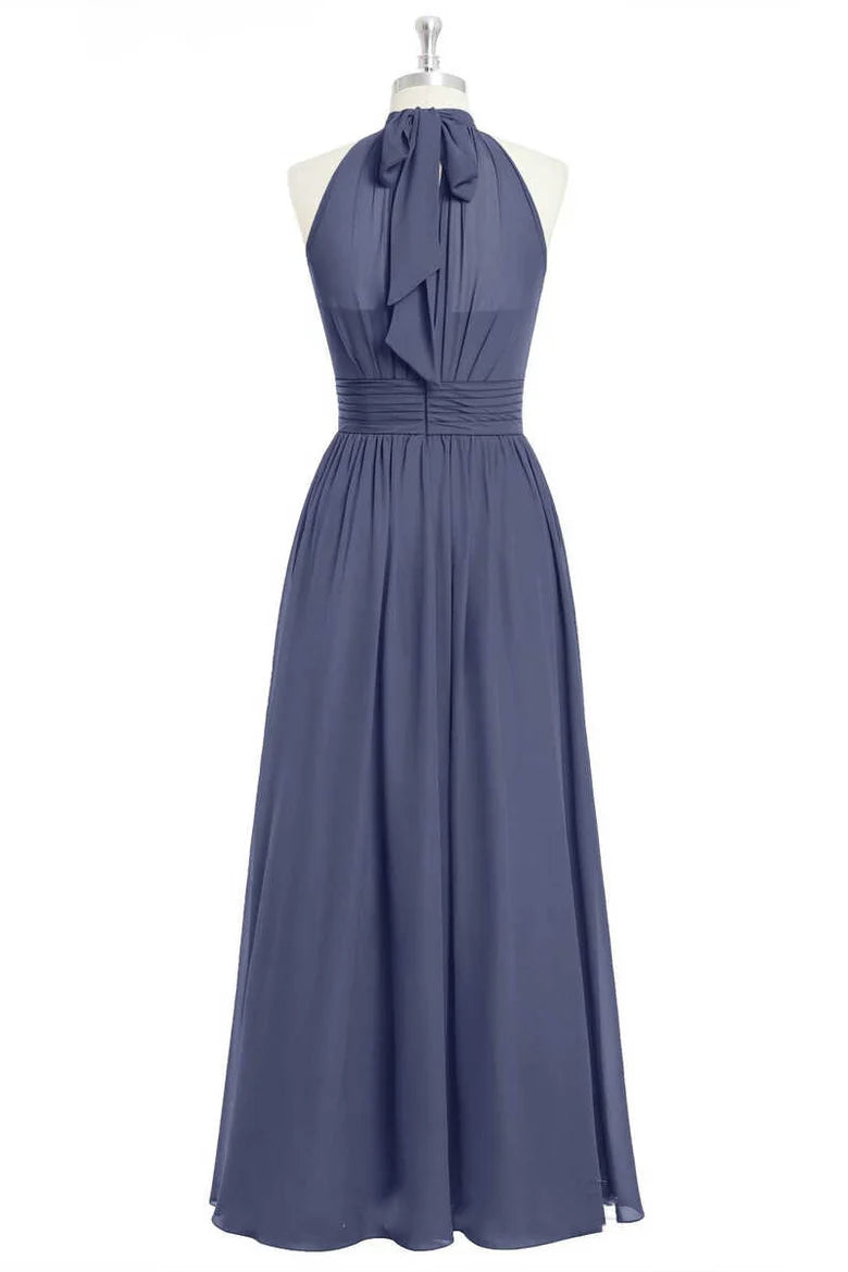 Soft Lavender High Halter Neck Pleated Bust Ruched Waist Chiffon A Line Long Bridesmaid Dress AB035
