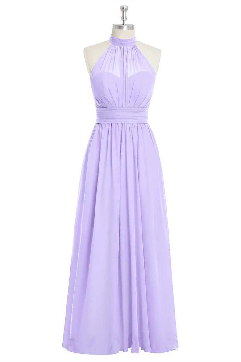 Soft Lavender High Halter Neck Pleated Bust Ruched Waist Chiffon A Line Long Bridesmaid Dress AB035