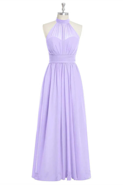 Soft Lavender High Halter Neck Pleated Bust Ruched Waist Chiffon A Line Long Bridesmaid Dress AB035
