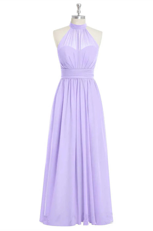 Soft Lavender High Halter Neck Pleated Bust Ruched Waist Chiffon A Line Long Bridesmaid Dress AB035