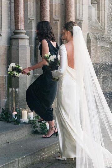 Premium Black Cowl Neck Straps Satin Mermaid Long Bridesmaid Dress AB036