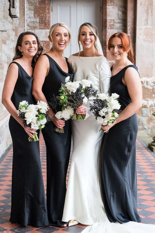 Premium Black Cowl Neck Straps Satin Mermaid Long Bridesmaid Dress AB036