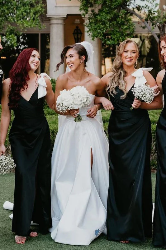 Classic Black Spaghetti Straps Deep V Satin Mermaid Long Bridesmaid Dress With Oversized White Shoulder Bow And High Side Slit AB037