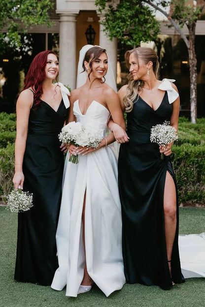 Classic Black Spaghetti Straps Deep V Satin Mermaid Long Bridesmaid Dress With Oversized White Shoulder Bow And High Side Slit AB037
