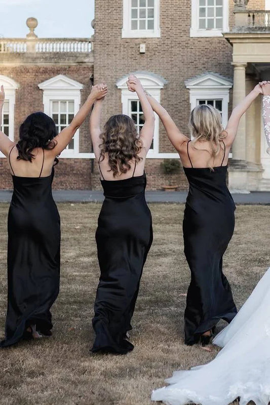 Premium Black Spaghetti Straps Cowl Neck Satin Mermaid Long Bridesmaid Dress AB038