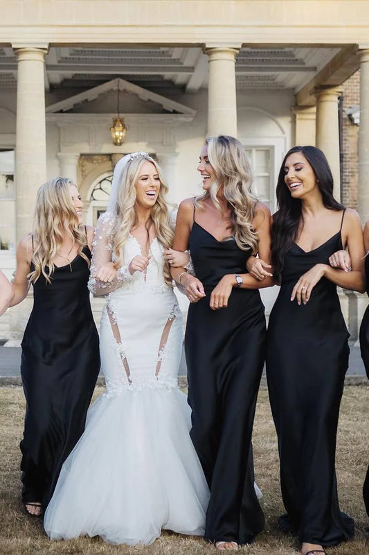 Premium Black Spaghetti Straps Cowl Neck Satin Mermaid Long Bridesmaid Dress AB038