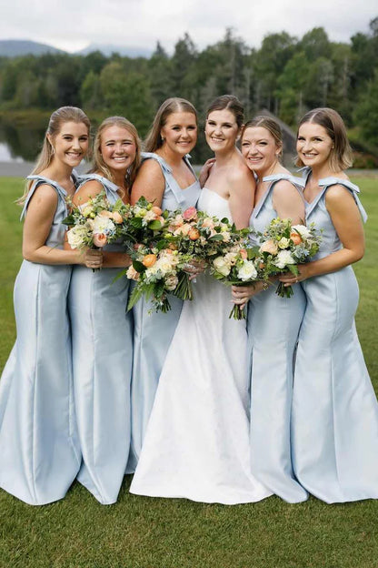 Delicate Light Blue Wide Square Neck Bow Straps Satin Mermaid Long Bridesmaid Dress High Side Slit AB039