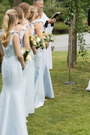 Delicate Light Blue Wide Square Neck Bow Straps Satin Mermaid Long Bridesmaid Dress High Side Slit AB039