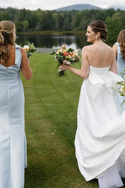 Delicate Light Blue Wide Square Neck Bow Straps Satin Mermaid Long Bridesmaid Dress High Side Slit AB039