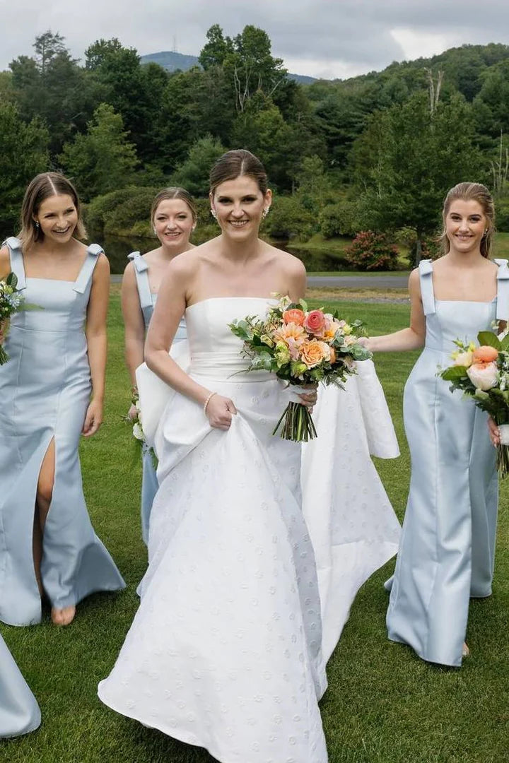 Delicate Light Blue Wide Square Neck Bow Straps Satin Mermaid Long Bridesmaid Dress High Side Slit AB039