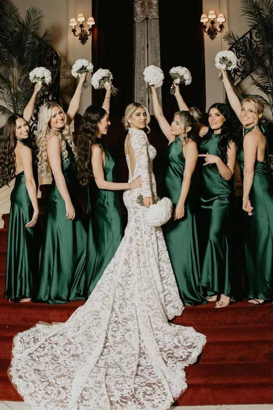 Rich Emerald High Halter Open Back Satin Mermaid Long Bridesmaid Dress AB040