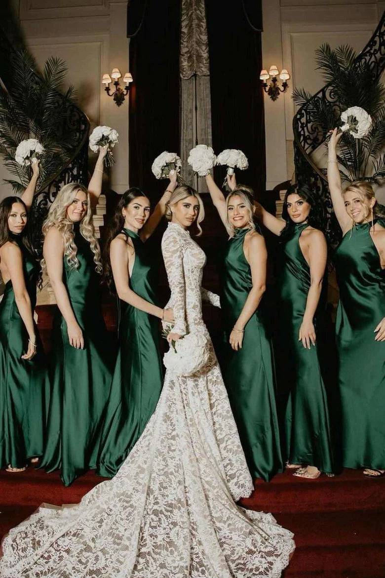 Rich Emerald High Halter Open Back Satin Mermaid Long Bridesmaid Dress AB040
