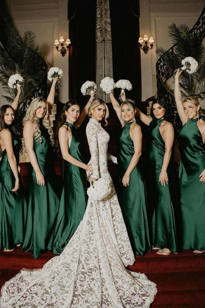 Rich Emerald High Halter Open Back Satin Mermaid Long Bridesmaid Dress AB040