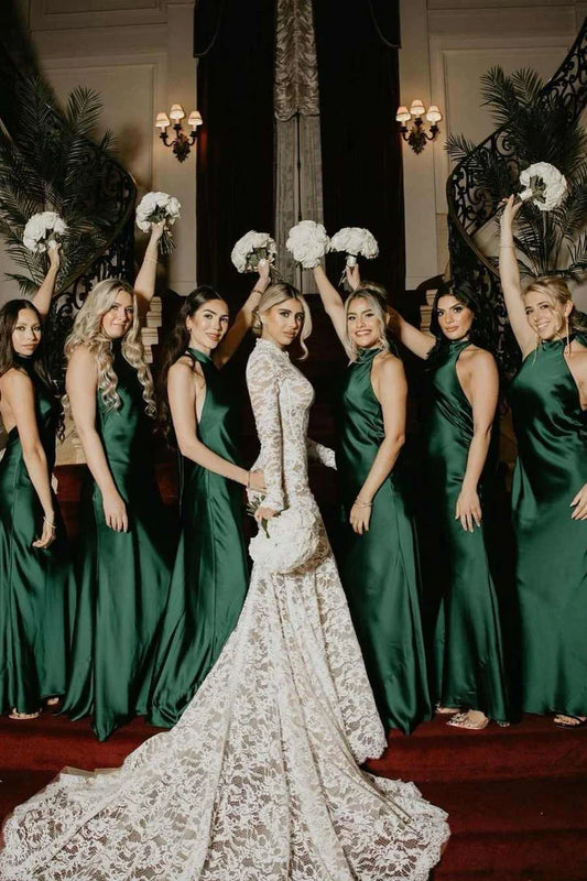 Rich Emerald High Halter Open Back Satin Mermaid Long Bridesmaid Dress AB040