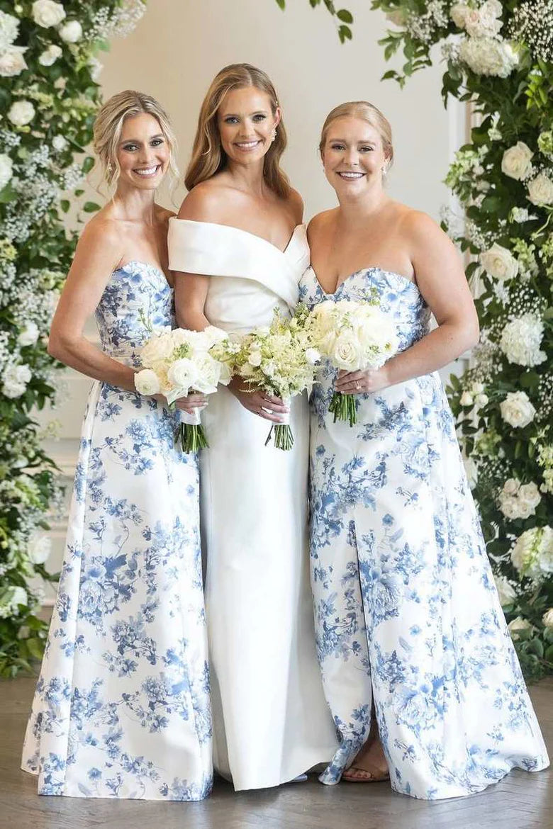 Delicate Strapless Sweetheart Neck Blue Floral Print A-Line Long Bridesmaid Dress Side Slit AB041