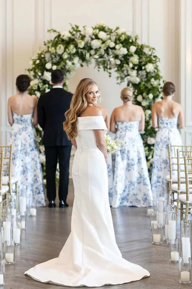 Delicate Strapless Sweetheart Neck Blue Floral Print A-Line Long Bridesmaid Dress Side Slit AB041